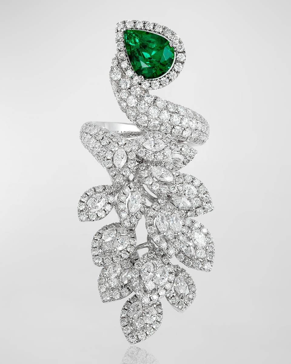 White Gold Pear Emerald Ring with Diamonds